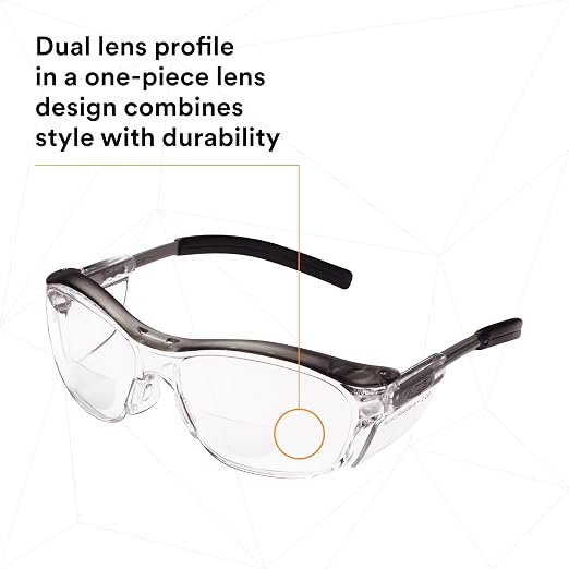3M Safety Glasses with Readers, Nuvo Readers, +2.0 Diopter, Pack of 1, ANSI Z87, Clear Lens, Gray Frame, Soft Nose Bridge, Side Shields