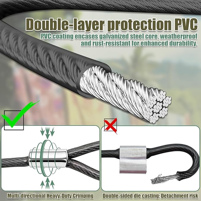 NAZOU Outdoor Retractable Clothesline, 3/16" 50ft+5ft Heavy Duty Coated Steel Wire Rope Clothes Line with Windproof Clamps, Portable Drying Line for Travel, Camping, Laundry, and Use
