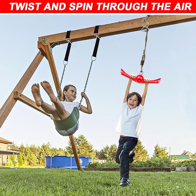Ninja-Twister Swing Spins Set: Slackline Attachments - 360° Handle Twist-Spin Flips Toy Activate Ninja Powers Warrior Accessories Kids Hang Toys for Playground Backyard, Red