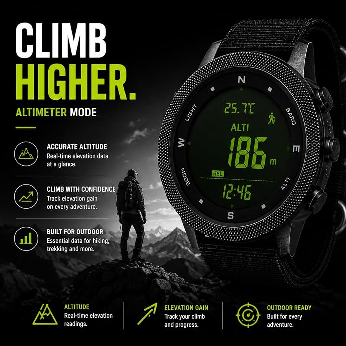 NORTH EDGE Apache Men’s Digital Tactical Watch, Outdoor Sports Watch with Compass, Altimeter, Barometer, Pedometer, Weather Trend, EL Backlight, 50M Water Resistant Hiking Watch