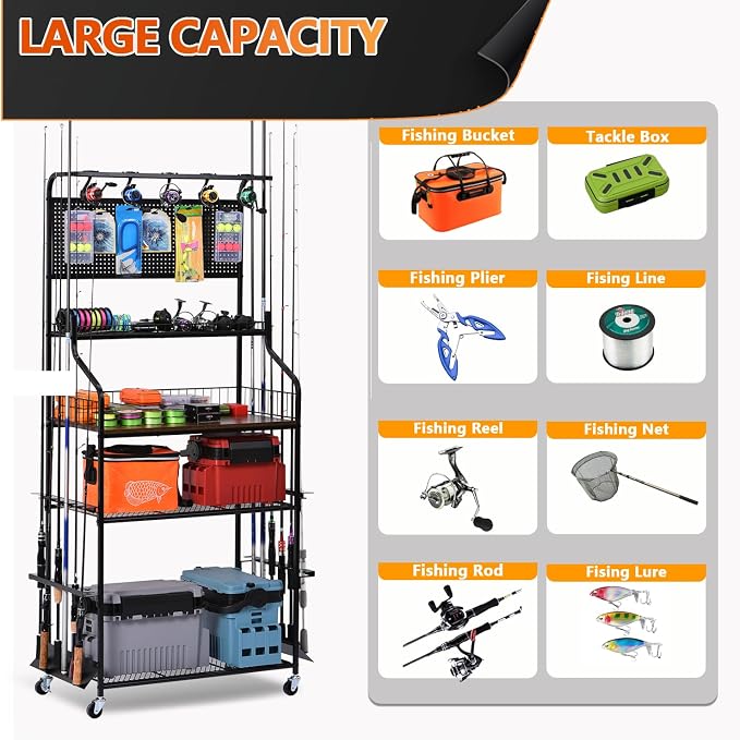 Heavy Duty Fishing Rod Rack, Fishing Organizer for Garage, Fishing Gear Holder for Garage with Movable Wheels