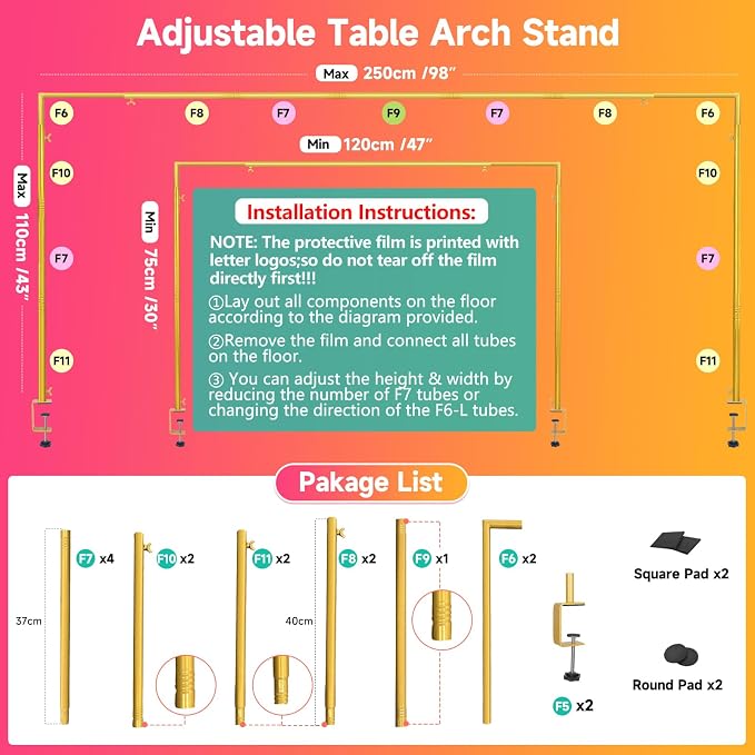 Over The Table Rod Stand with Clamps Adjustable 47"-98" Length 30"-43" Height Gold Table Arch Stand Hanging for Decoration Flowers Display Wedding Birthday Party Halloween Christmas
