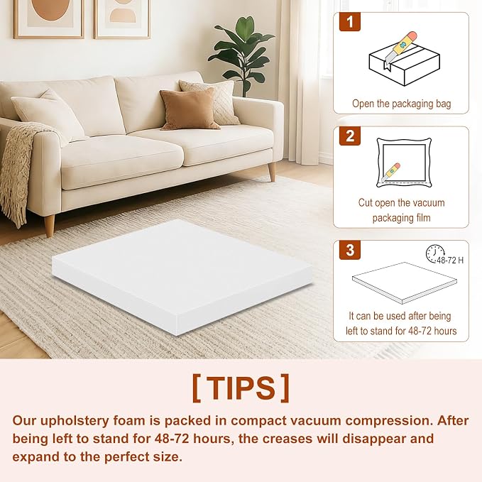 High Density Upholstery Foam 2" X 20" X 20", 3PCS Couch Cushion Replacement - 45D Density 70 ILD (Firm), Square Foam Padding for Chairs, Cut to Size Foam Replacement Cushion for Sofa Chair Bench