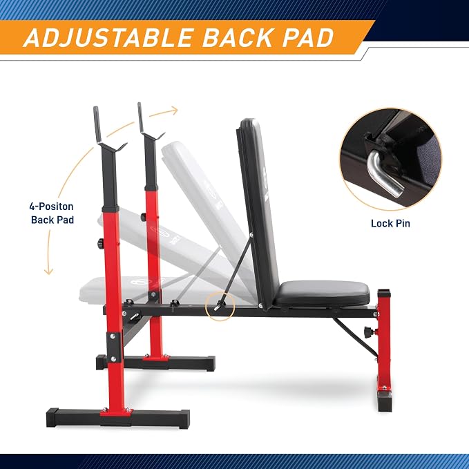 Marcy Deluxe Olympic Weight Bench with Adjustable Back & Bar Catch & Optional Arm Curl, Leg Developer, Lat Tower Attachments (Sold Separately), Personal Home Gym for Strength Training, Weightlifting