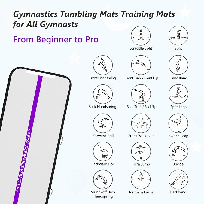 VOFiTNY All Purpose Gymnastics Mat 6.6/10/13/16/20 ft Sturdy Inflatable Tumble Track for Home/Gym