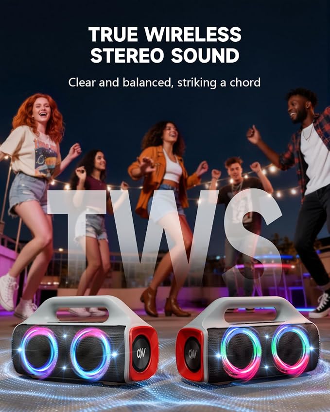 IP67 Waterproof Bluetooth Speaker:80W(Peak) Loud Outdoor Portable Wireless Party Speakers with LED Lights,20H Playtime,Bluetooth 5.3,Deep Bass & TWS for Pool,Beach（White）