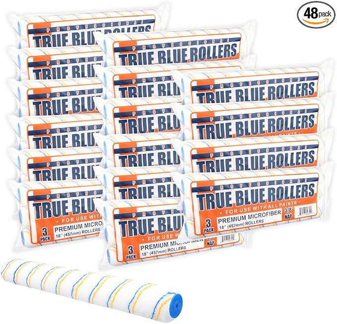 True Blue 18" Professional Paint Roller Covers, 18 Inch, Best for All Types of Painting Surfaces, Refill Bulk Pack (48, 3/8" Nap)