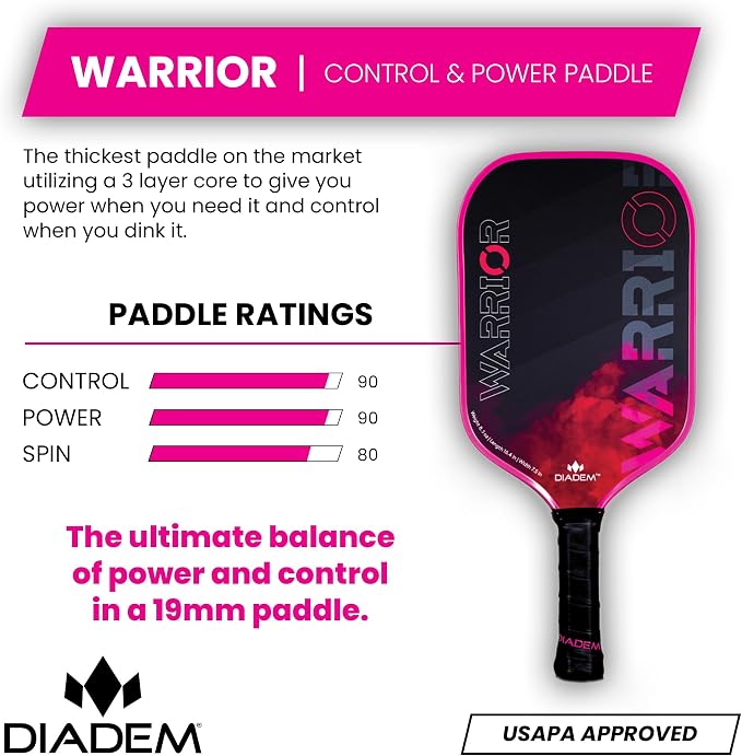 Diadem Warrior Pickleball Paddle | Carbon Fiber Face, 3X L-Core Hybrid Nomex Polymer Honeycomb Core, Grit Paint Surface for Spin, Control and Power | Indoor/Outdoor | USAPA Approved