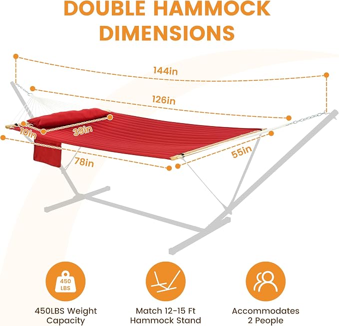 Lazy Daze Hammocks 10.5FT 2 Person Double Quilted Fabric Hammock with Spreader Bar, Detachable Pillow, Side Pocket, Carabiners, Chains, Straps for Outdoor, 450lbs Capacity, Burgundy