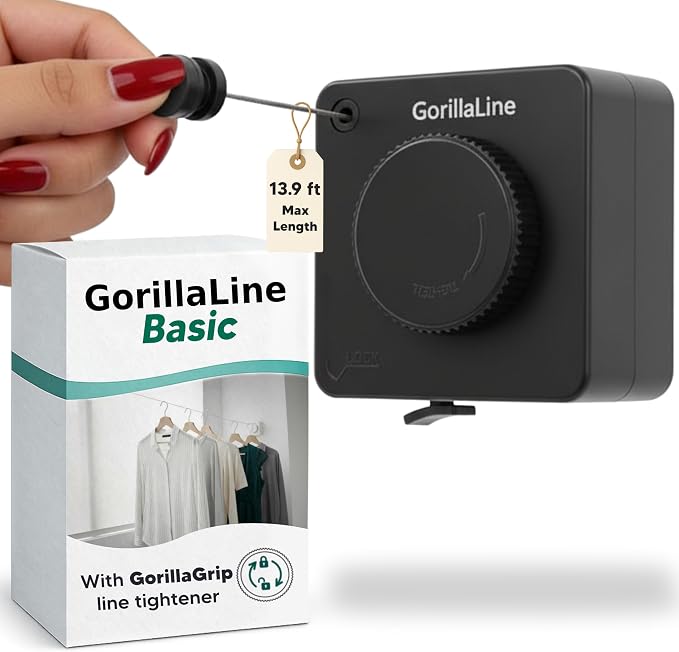 GorillaLine Basic - Retractable Clothesline Indoor Outdoor Clothes Line - Non-Sagging Heavy Duty Clothes Drying Laundry Line - Wall Mounted Drying Rack - Air Dry Clothing - Tighten with GorillaGrip