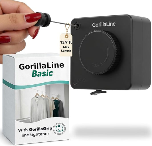 GorillaLine Basic - Retractable Clothesline Indoor Outdoor Clothes Line - Non-Sagging Heavy Duty Clothes Drying Laundry Line - Wall Mounted Drying Rack - Air Dry Clothing - Tighten with GorillaGrip