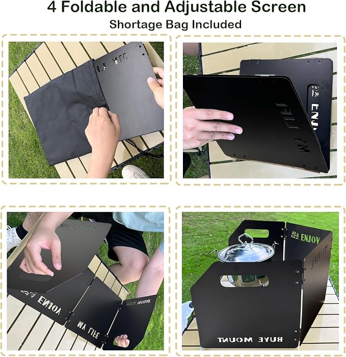 Stove Windscreen - Folding Camping Stove Windshield 4 Plates Stainless Steel Stove Windscreen for Outdoor, Picnic, Backpacking and Cooking Black, Large, SW-01-Blk