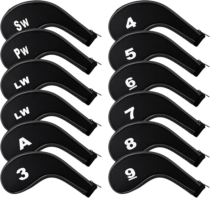 Golf Club 12pcs Thick Synthetic Zipper Long Neck Set Headcover Fit The Most Brands, Side Number Golf Iron Club Head Cover LW SW PW Covers #3,4,5,6,7,8,9