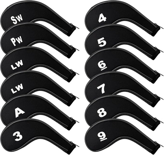 Golf Club 12pcs Thick Synthetic Zipper Long Neck Set Headcover Fit The Most Brands, Side Number Golf Iron Club Head Cover LW SW PW Covers #3,4,5,6,7,8,9
