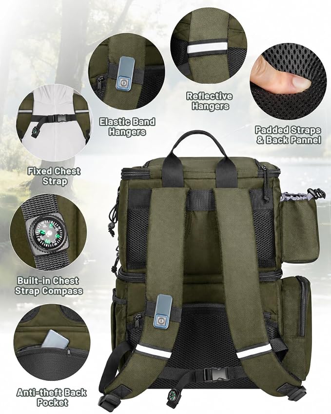 MATEIN Fishing Backpack with 4 Tackle Boxes, Fishing Bag with Rod Holder | 3600 Tackle Box 4 Pack, Water Resistant Tackle Backpack with Cooler Compartment, Safety Compass, Gifts for Fishermen