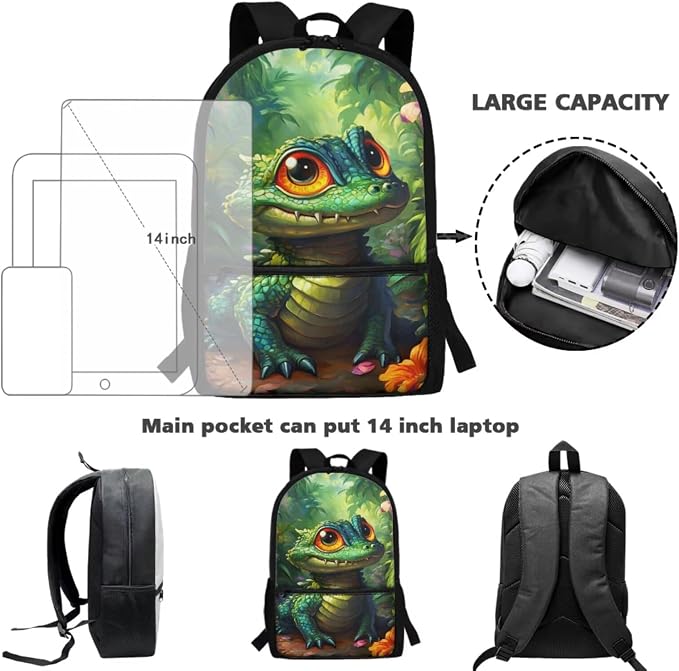 Kids School Bag Bearded Dragon Lizard Backpack with Lunch Box and Water Bottle Holder Pencil Case Elementary School Bags Teens Daypack for Travel Picnic Set 4 in 1