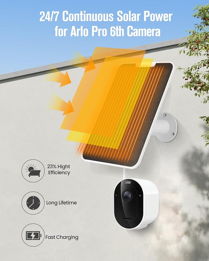 Solar Panel Charger Compatible with Arlo Pro 6/6 XL, 6V 5W Solar Panel for Arlo Pro Security Camera 2K HDR (6th Gen, 2025 Release), IP65 Weatherproof, USB-C Plug, 9.8ft Cable Secure Wall Mount, 2 Pack