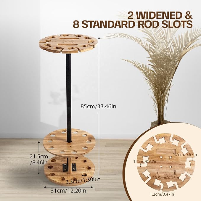 Goture Round Fishing Rod Holders for Garage, Floor Stand Holds up to 10 Rods, 2 Built-in Grooves, Solid Rubber Wood Fishing Gear Equipment Storage Organizer, Ideal Fishing Gift for Men Women
