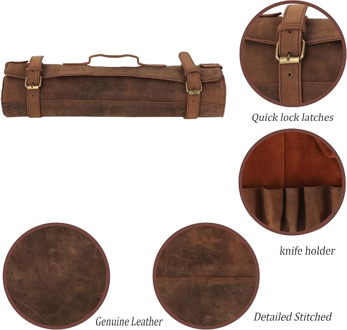 vintage crafts Genuine Buffalo Leather Knife Roll Set Chef's Knife Holder Cutlery Sheath Artist Case Organizer Storage bag Travel Friendly Gift for Men & Women (Light Brown)