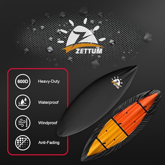 Zettum Kayak Cover 13.5 FT - 600D Kayak Canoe Cover for Outdoor Storage Heavy Duty & Waterproof, Fade-Resistant Kayak Accessory for Canoe, Paddle Board, SUP, and Kayak Boat (Fit 13ft - 13.5ft Kayak)
