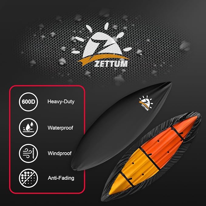 Zettum Kayak Cover 12.5 FT - 600D Kayak Canoe Cover for Outdoor Storage Heavy Duty & Waterproof, Fade-Resistant Kayak Accessory for Canoe, Paddle Board, SUP, and Kayak Boat (Fit 12ft - 12.5ft Kayak)