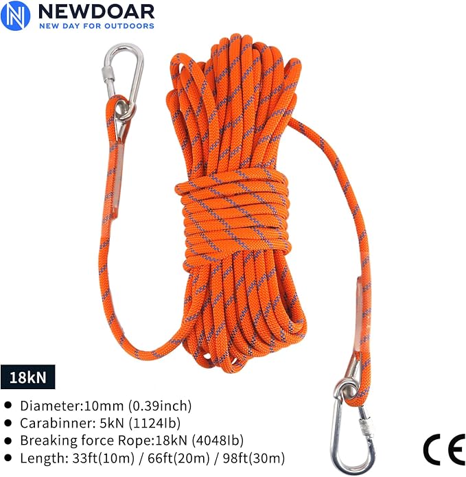 NewDoar Climbing Rope 8(5/16in),10mm (3/8in), High Strength Accessory Cord Rope with 2 Steel Hooks, for Outdoor Rescue Rappelling Rope Down Cliffs ledges Safety Escape Tow Strap Equipment(Orange)