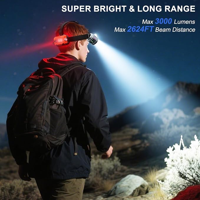 3000 Lumens USB Rechargeable IPX7 Waterproof Headlamp with 9000mAh Charger | 12 Modes with SOS Red Light, 90° Adjustable Wide Beam. Detachable Battery for Camping, Fishing, Hunting & Industrial Work