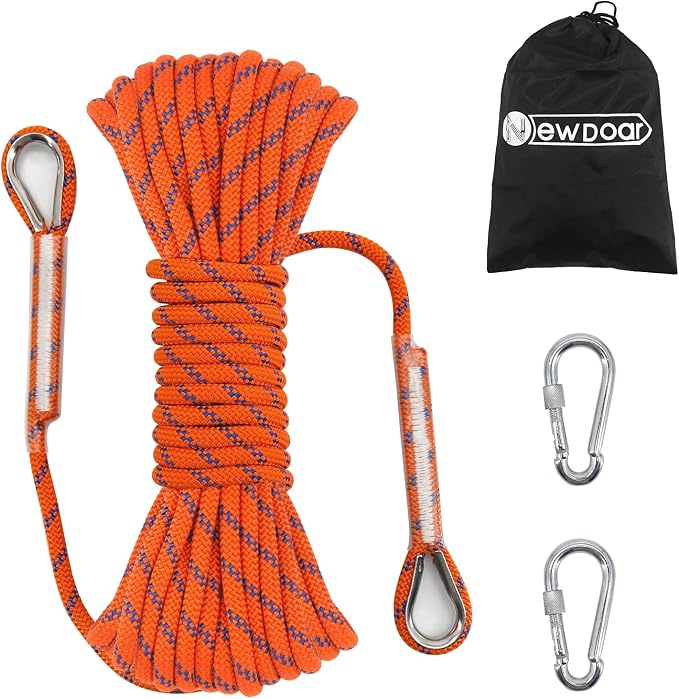 NewDoar 14KN Static Climbing Rope 8mm(5/16in) Accessory Cord Equipment 33FT(10M) 66FT(20M) 98FT(30M) 165FT(50M) Escape Rope with 2 Carabiners for Ice Climbing Equipment Fire Rescue Rope-Orange/50M