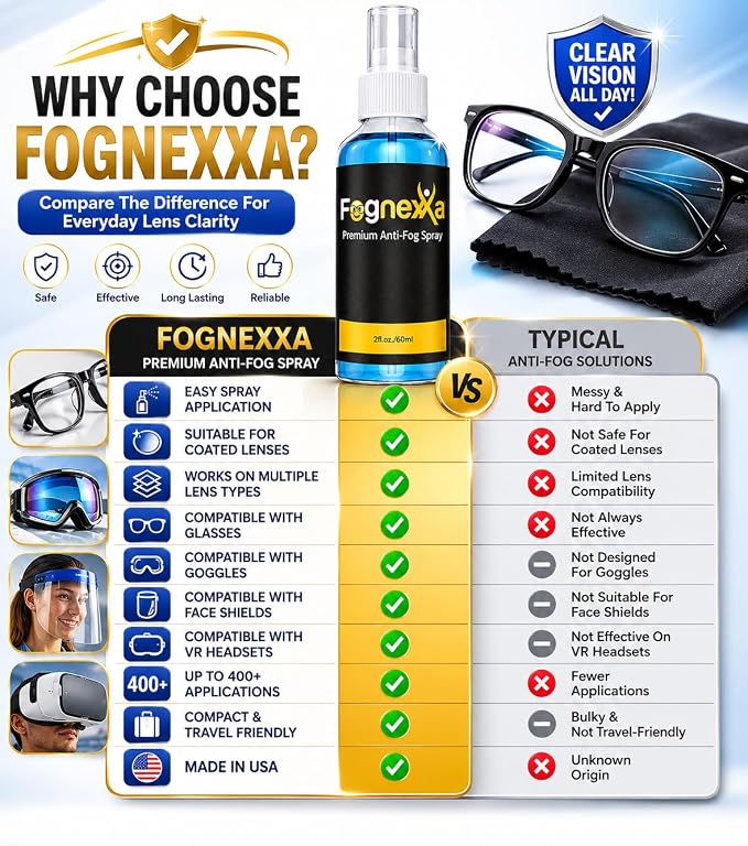 2fl Oz Fognexxa Premium Anti Fog Spray for Glasses, Goggles, VR Headsets & Face Shields, 24 Hour Fog Protection, Safe for Coated Lenses, 400+ Applications, Made in USA