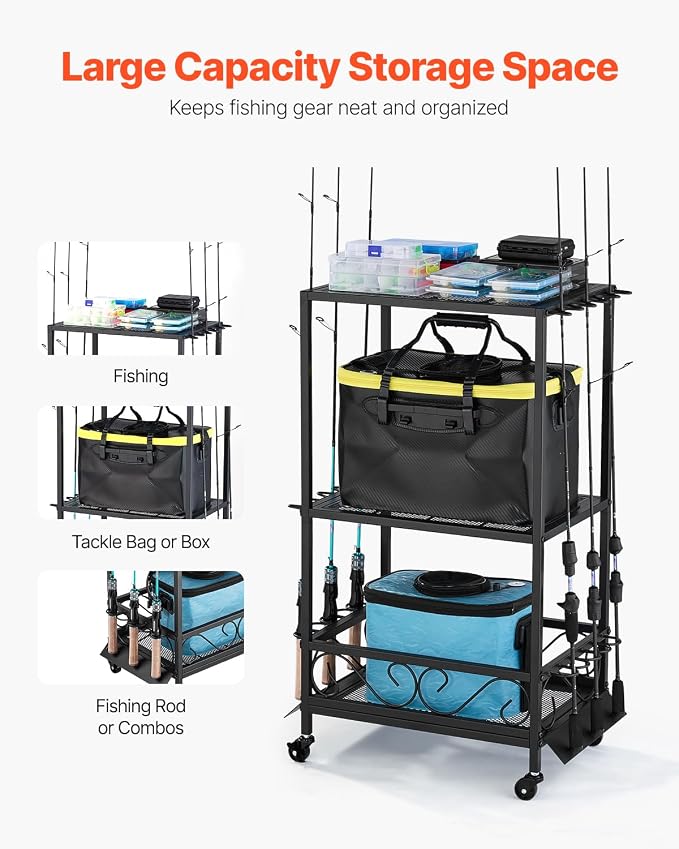 VEVOR Fishing Rod Holder for 10-Rods, Mobile Fishing Pole Rack Cart with Wheels, Fish Gear Equipment Organizer for Garage Home Indoor Use, for Tackle Box Reel Accessories Storage, Gifts for Men