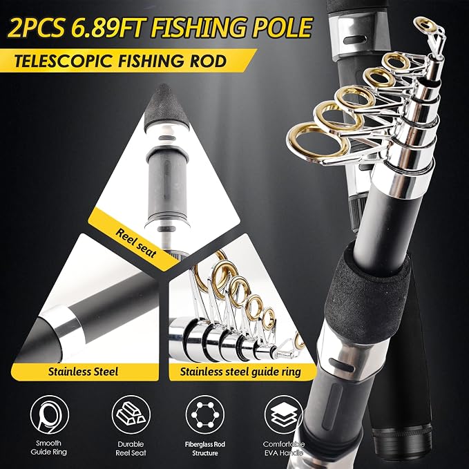Telescopic Fishing Rod Reel Combo 2pcs 6.89FT Saltwater Fishing Gear Set | Collapsible Spinning Pole Reel Kit Compact Fishing Lures Tackle Accessories Lightweight Travel Fishermen Gift