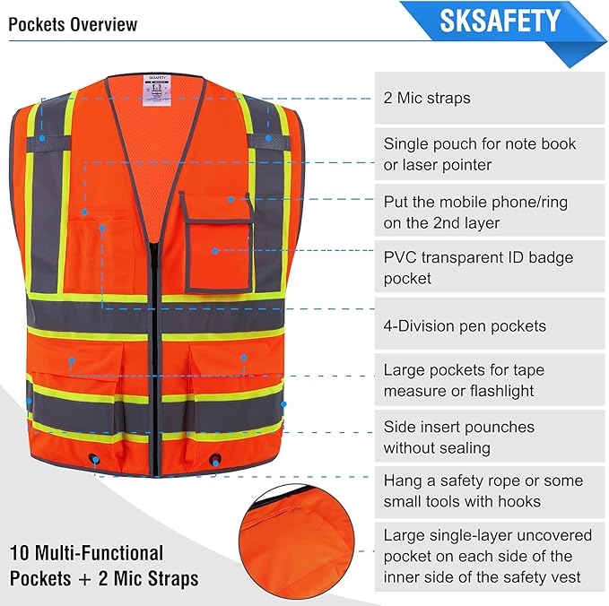 SKSAFETY 10/12 Pockets Safety Vest - Class 2 High Visibility Security with Zipper Double-sided mesh, Hi Vis Vest with Reflective Strips, ANSI/ISEA Standard, Construction Work Vest （Orange）