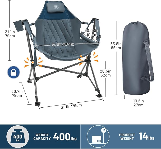 TIMBER RIDGE Oversized Hammock Camping Chair, Swinging Chair with Adjustable Back and Seat Height, Portable Folding Rocking Chair for Outdoor Lawn, Backyard and Patio, Supports 400lbs, Blue, 2 Pack
