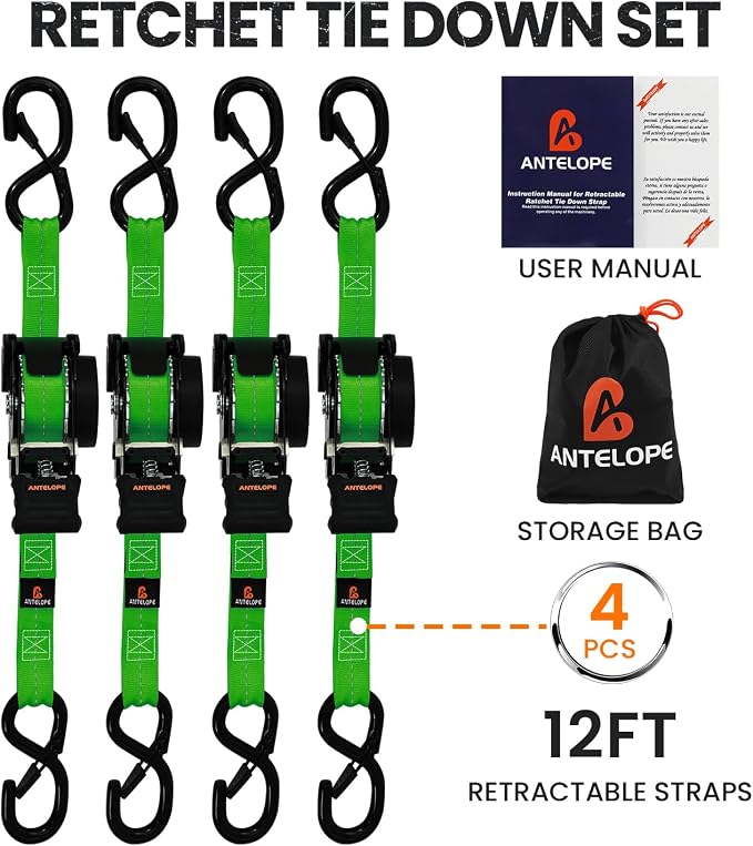 Retractable Ratchet Straps (4 PK), 1" x 12 ft Auto Retract Tie Downs, Automaitc Ratchet Strap, 1500lb Break Strength AutoRetract Self Retracting for Motorcycle, Truck, Cargo, Trailer, ATV, UTV -Green