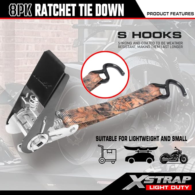 XSTRAP STANDARD 8-Pack Ratchet Tie Down Straps, 1" x 10ft, 900lb Break Strength Heavy Duty Straps for Motorcycles, ATVs, Lawn Equipment, Appliances & Truck Cargo - Camouflage