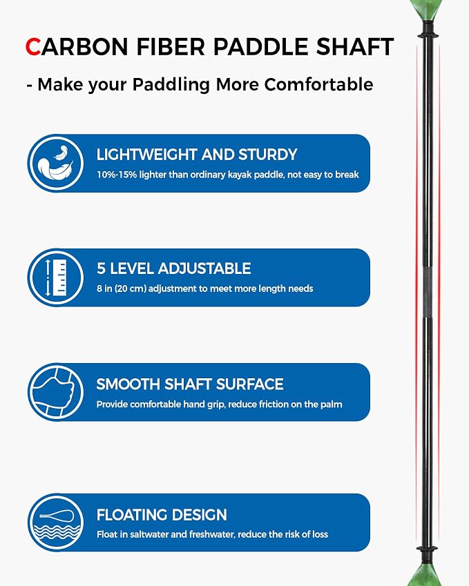 Kayak Paddle Carbon Fiber Shaft and Reinforced Nylon Blade, Adjustable Kayaking Oars, 3 Piece, 230-250 cm/90-98 Inches,210-230 cm/82-90 inches