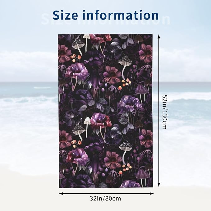 Gothic Dark Botanical Mushroom Beach Towel, 32x52in Microfiber Quick Dry Floral and Fungi Goth Bath Towels, Soft Lightweight Oversized Sand Free, for Travel Pool Swimming Gym Decor, Gifts