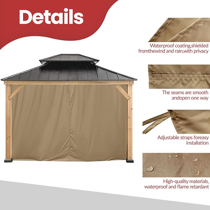 Coastshade Gazebo Pergola Canopy Panel Sidewalls Replacement 8ft Gazebo Pergola Privacy Panels Sidewall for Gazebos with 10Curtain Rings &10Rail Hooks, Khaki