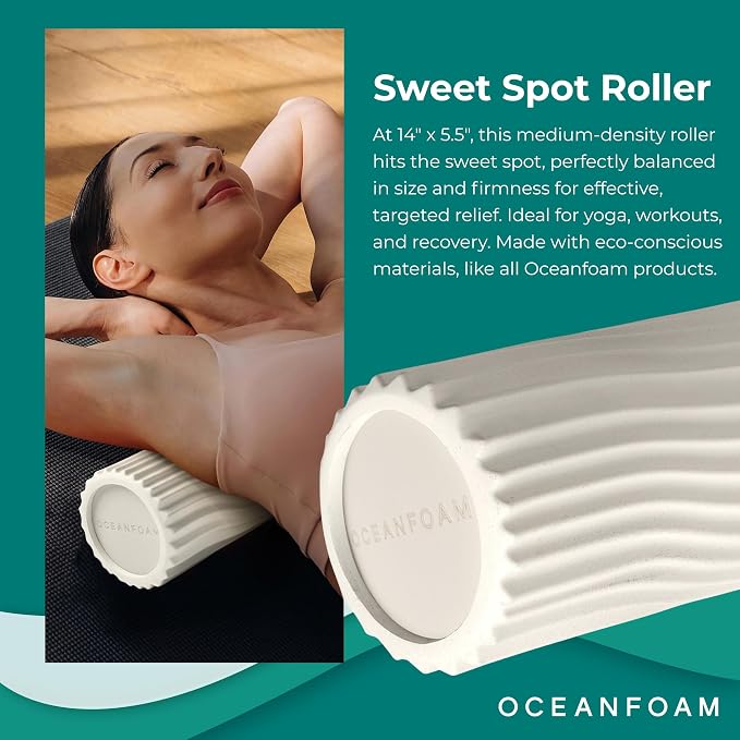 Oceanfoam Sweet Spot Medium Exercise Foam Roller 14"x5.5" – Medium Density Travel Foam Roller for Physical Therapy, Deep Tissue Massage, Yoga, Pilates, Classic Exclusive Wave Texture (Natural)