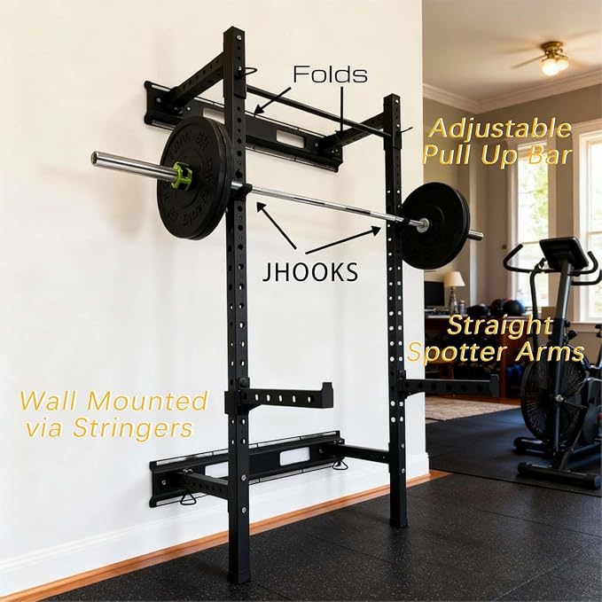 Fitvids Wall Mounted Power Rack Squat Stand, 1000 Pound Capacity for Home and Garage Gym with J-Hooks,Squat Lever Arm, Multiple Size and Colors