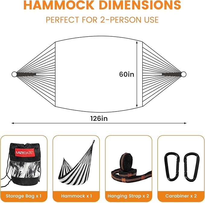 Lazy Daze Hammocks Handwoven XL Mayan Hammock, 10.5 FT Soft Rope Double Hammocks, Portable Outdoor Hammock with Carry Bag, 2 Straps & Carabiners for Patio Outside, 550 lbs Weight Capacity, Black/White