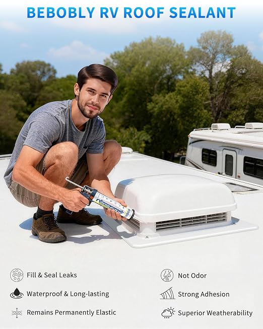 BEBOBLY RV Roof Sealant 4 Packs, Self Leveling Lap Sealant White, RV Caulking Sealant Waterproof, Flexible & Non-Cracking, RV Lap Sealant for Camper, Trailer & Motorhome Roof Repair, Secure Odorless