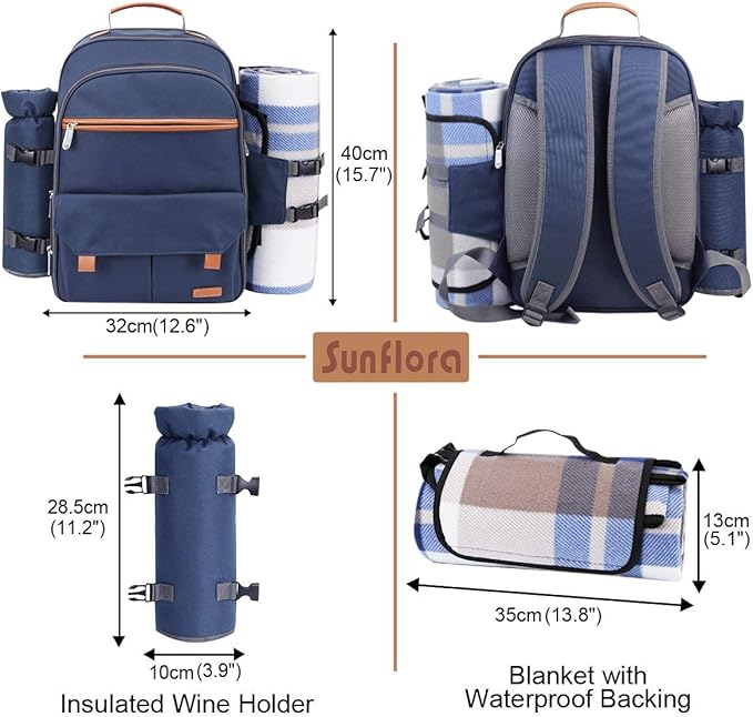 Sunflora Picnic Backpack for 4 Person Set Pack with Insulated Waterproof Pouch for Family Outdoor Camping (Navy Blue)