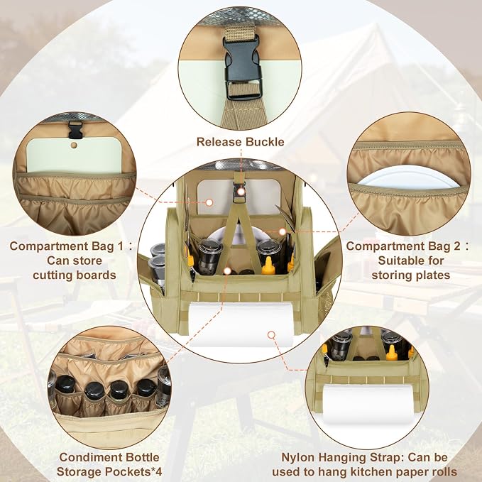 Large Camp Kitchen Organizer with Paper Towel Holder,Hanging Camping Storage Organizers with Metal Hook, Camping Utensil Bag for BBQ Cooking Essentials, With a Canvas Bag for Picnic Pot, Khaki