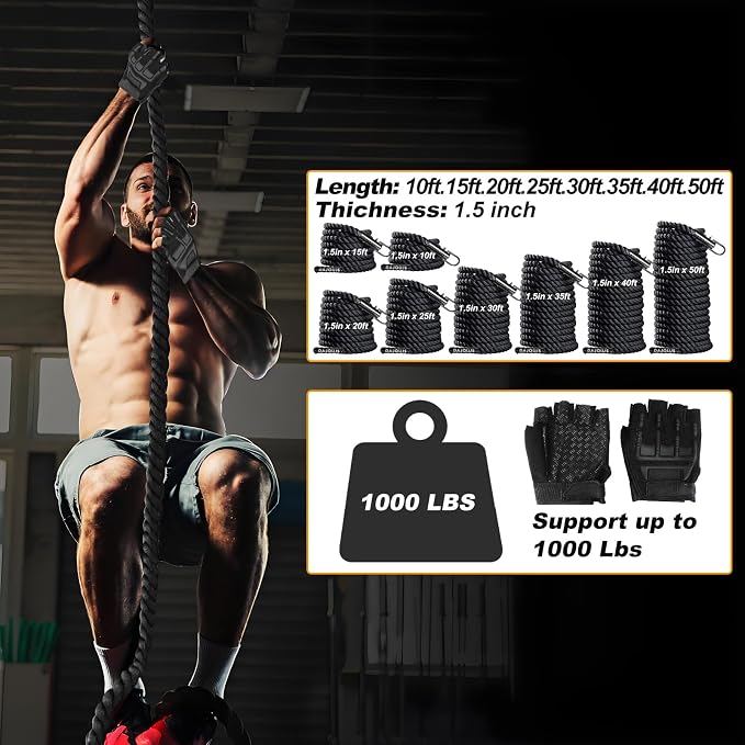 Climbing Rope Gym Workout - 1.5 Inch Dia 10FT 15FT 20FT 25FT 30FT 35FT 40FT 50FT Heavy Duty Work Out Rope Exercise Climbing Ropes for Adults Kids Fitness & Strength Training Outdoor & Indoor - Black