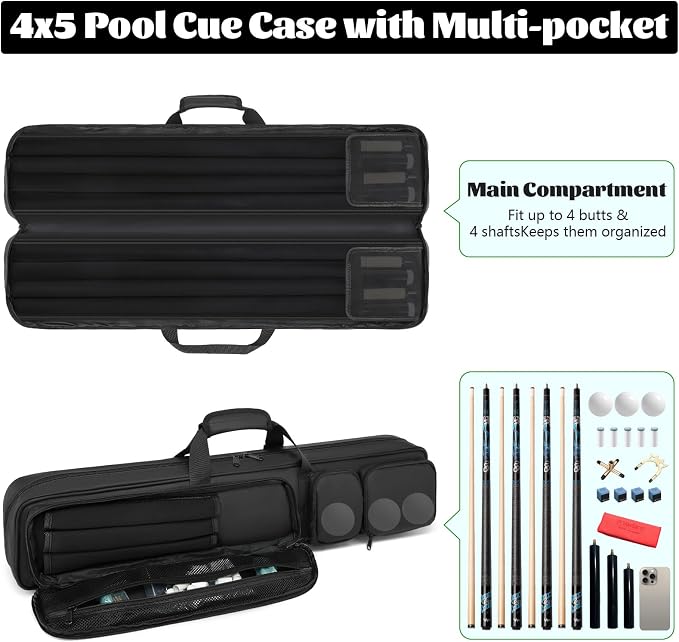 Pool Cue Case - 4x4 Padded Pool Cue Bag - Holds 4 Butts and 4 Shafts, Multiple Accessory Pockets