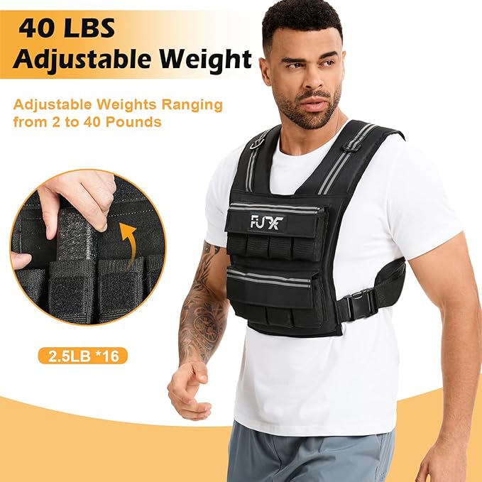 FUFF Adjustable Weighted Vest Men,20/30/40 LB Weight Vest for Strength Trainin, Workout Vest Woman with Removable Iron Weights for Walking, Rucking, Running, Exercise