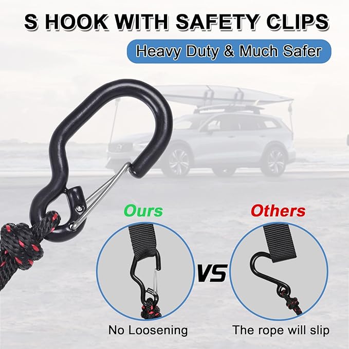 2PCS Kayak Rope Tie Down Ratchet Straps 1/4" ×12' Bow and Stern Tie Down Kayak with Safety S Hook Heavy Duty Ratchet Rope Black