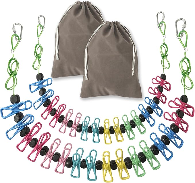 ISQ Steel Core Clothesline with 16 Clothespins 17 Anti-Slip Balls, Heavy Duty Portable for Indoor Outdoor Camping RV Balcony(2 Piece)