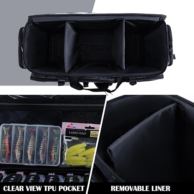 Goture Large Tackle Bag,Water Resistant Saltwater Gear Storage Big Fishing Bag with EVA Bottom,Store Up to 12PCS 3700 Plus 5PCS 3600 Tackle Trays(Not Included),Gifts for Men(26.38"x15.35"x11.42")